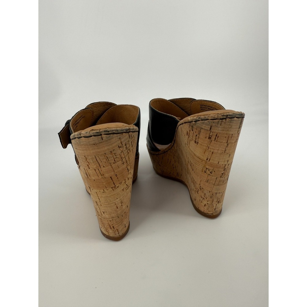 Børn Cork Wedge Leather Slip On Sandals Womens Size 7M Black Gold Buckle Accent - Picture 5 of 14